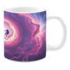 White ceramic 11oz mug with a vibrant cosmic design featuring swirling pink and purple nebulae, bright light accents, and a silhouette of an astronaut swinging on a line near the center.