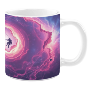 White ceramic 11oz mug with a vibrant cosmic design featuring swirling pink and purple nebulae, bright light accents, and a silhouette of an astronaut swinging on a line near the center.