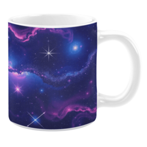 White ceramic 11oz mug with a cosmic design featuring a deep blue and purple galaxy, bright stars, and glowing pink nebulae scattered throughout the scene.
