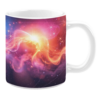 White ceramic 11oz mug with a colorful cosmic design featuring a glowing yellow and orange nebula at the center, surrounded by pink, purple, and red hues, with stars scattered across the background.
