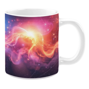 White ceramic 11oz mug with a colorful cosmic design featuring a glowing yellow and orange nebula at the center, surrounded by pink, purple, and red hues, with stars scattered across the background.