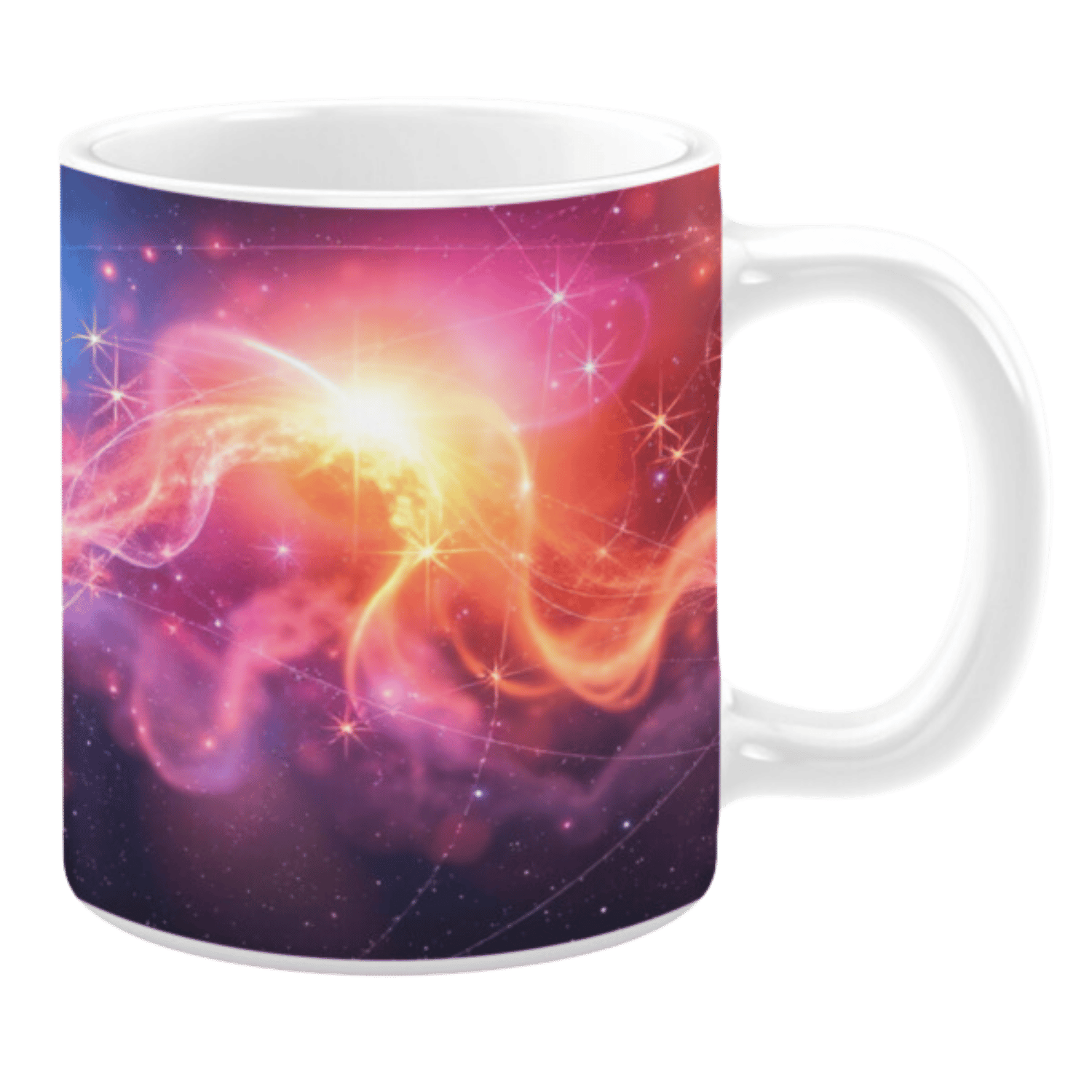 White ceramic 11oz mug with a colorful cosmic design featuring a glowing yellow and orange nebula at the center, surrounded by pink, purple, and red hues, with stars scattered across the background.