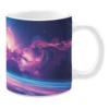 White ceramic 11oz mug with a vibrant space design showing a planet's surface in blue and purple tones, with a swirling pink and purple nebula extending across a star-filled background.