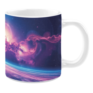 White ceramic 11oz mug with a vibrant space design showing a planet's surface in blue and purple tones, with a swirling pink and purple nebula extending across a star-filled background.