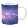 White ceramic 11oz mug featuring a celestial design. The artwork showcases a sweeping galaxy of pink and purple hues, dotted with sparkling stars and cosmic details.