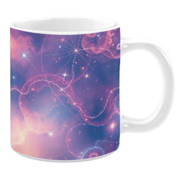 White ceramic 11oz mug featuring a vibrant cosmic design. The artwork displays swirling pink and purple nebulae, sparkling stars, and intricate celestial patterns.