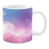 White ceramic 11oz mug with a pastel gradient design blending pink and blue, featuring stars, sparkles, and wispy white lines resembling cosmic waves.