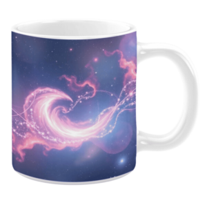 White ceramic 11oz mug with a cosmic design featuring swirling pink and purple galaxies against a deep blue starry background.
