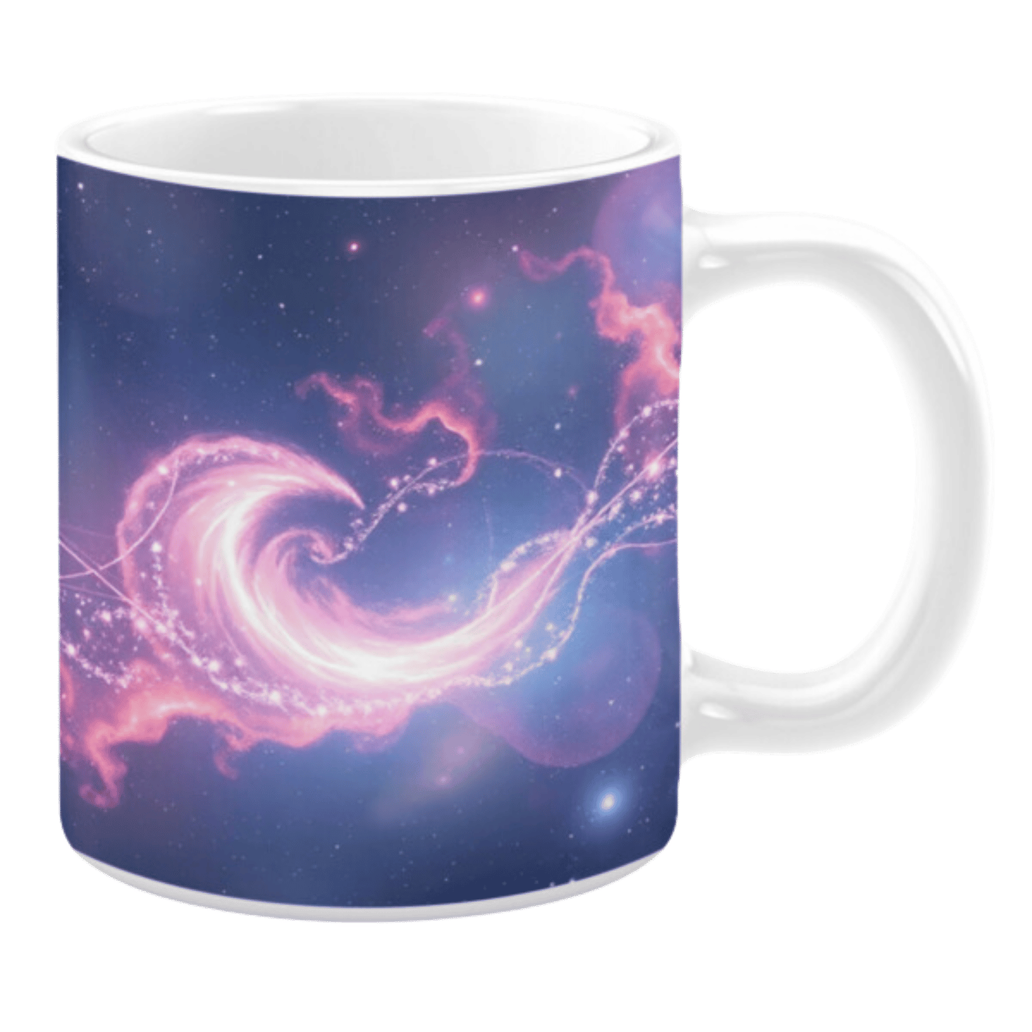 White ceramic 11oz mug with a cosmic design featuring swirling pink and purple galaxies against a deep blue starry background.