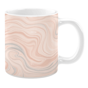 White ceramic 11oz mug with a peach and gray marbled design featuring soft, swirling patterns.