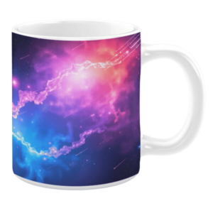 White ceramic 11oz mug featuring a vibrant cosmic scene. Swirling pink, purple, and blue nebulae are accented by streaks of light and glowing starry details.