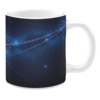 White ceramic 11oz mug featuring a dark blue star-filled background. Thin glowing white lines arc across the design, connecting bright starbursts.