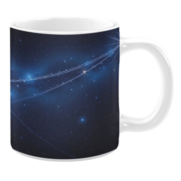 White ceramic 11oz mug featuring a dark blue star-filled background. Thin glowing white lines arc across the design, connecting bright starbursts.