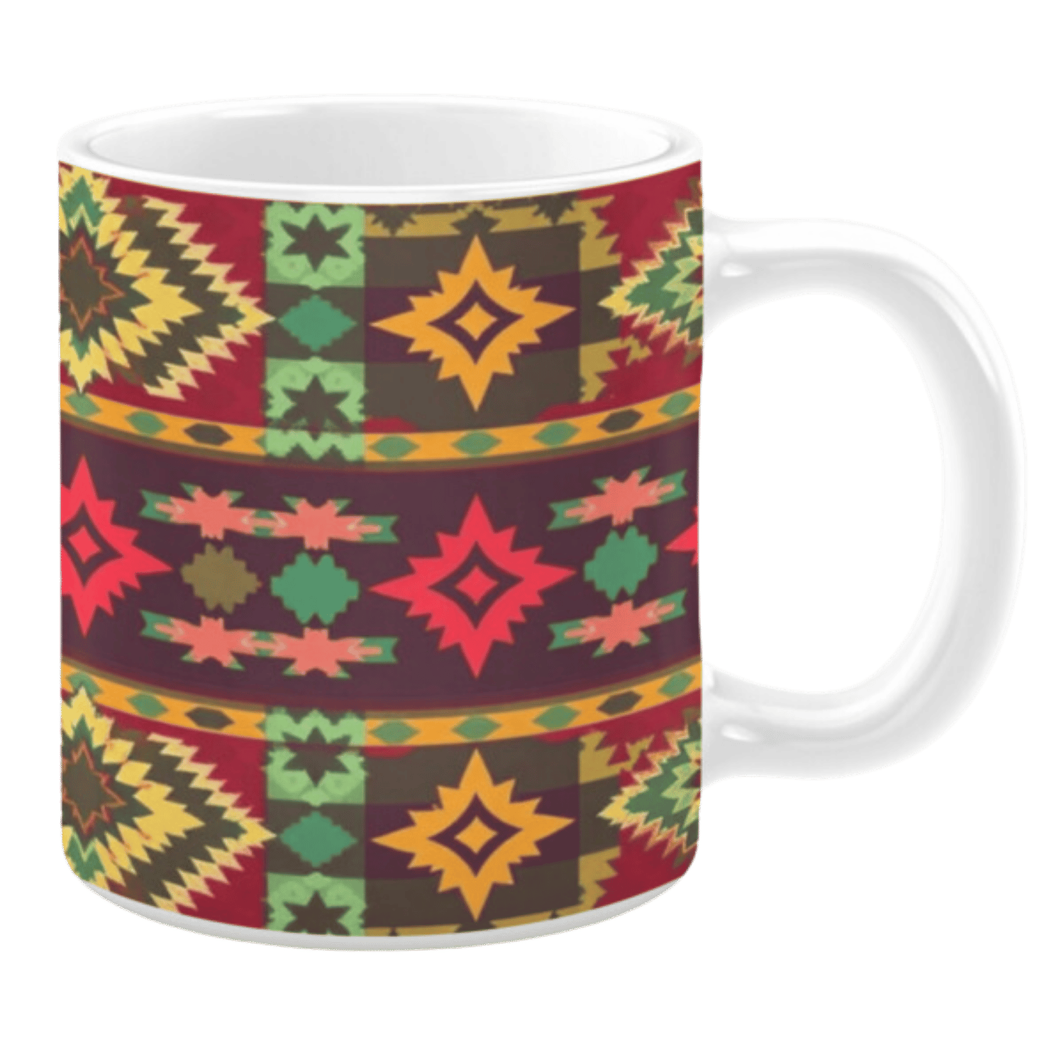 This mug features a vibrant geometric pattern with diamonds, stars, and triangles in bold red, yellow, green, and brown shades. The design has a lively, tribal-inspired aesthetic.
