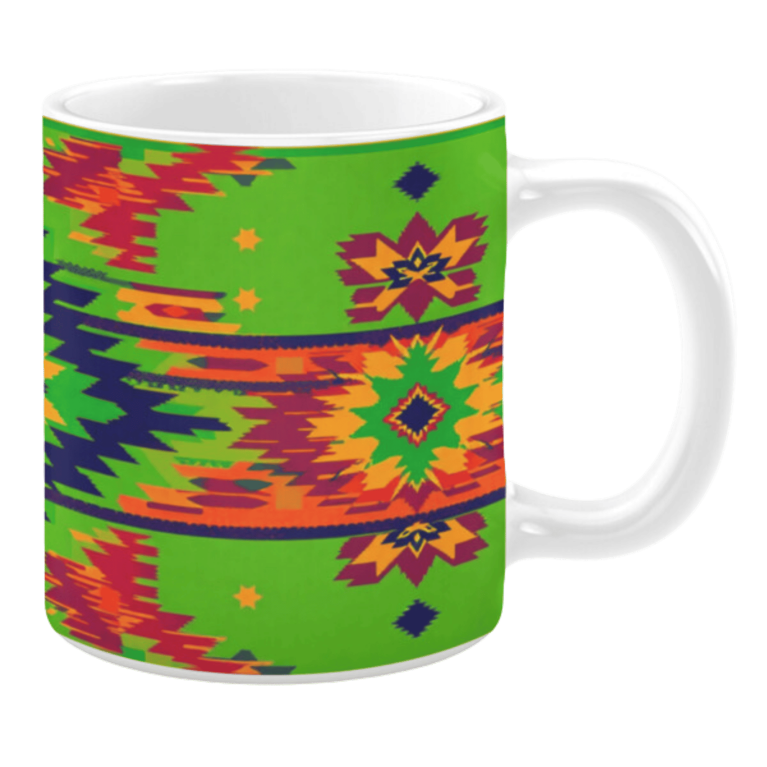 This mug has a colorful pattern with diamonds, stars, and zigzags in bright greens, reds, and yellows.