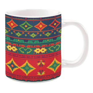 Colorful geometric pattern mug with red, green, and yellow tribal design