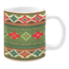 White ceramic 11oz mug with a bold geometric pattern featuring red, green, and orange diamond shapes layered on a striped olive green background.