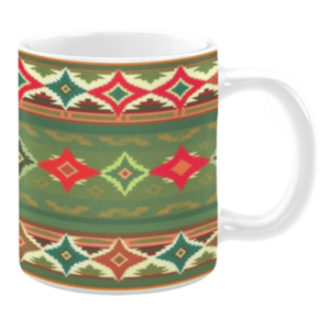 White ceramic 11oz mug with a bold geometric pattern featuring red, green, and orange diamond shapes layered on a striped olive green background.