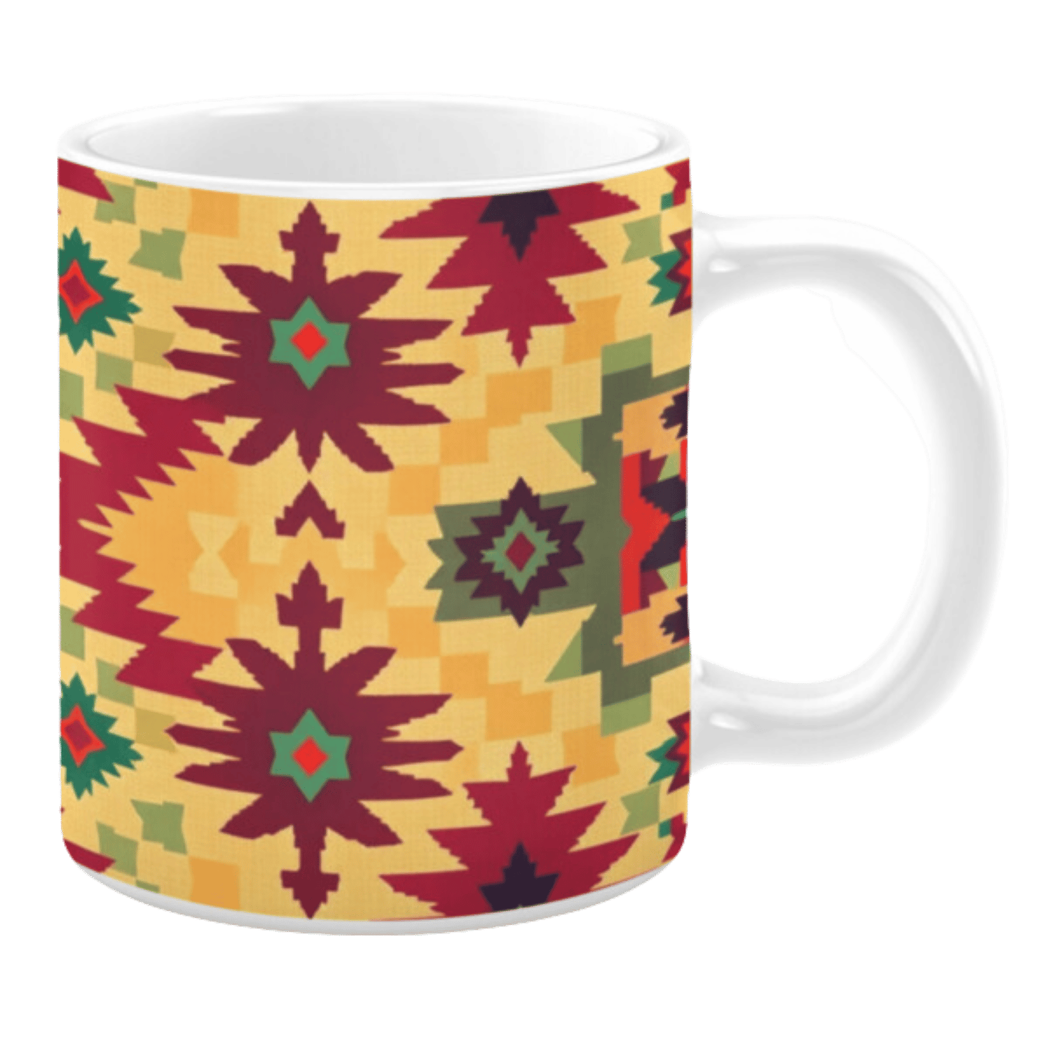 White ceramic 11oz mug featuring a bold geometric design with starburst and diamond motifs in red, green, and burgundy on a warm yellow background.