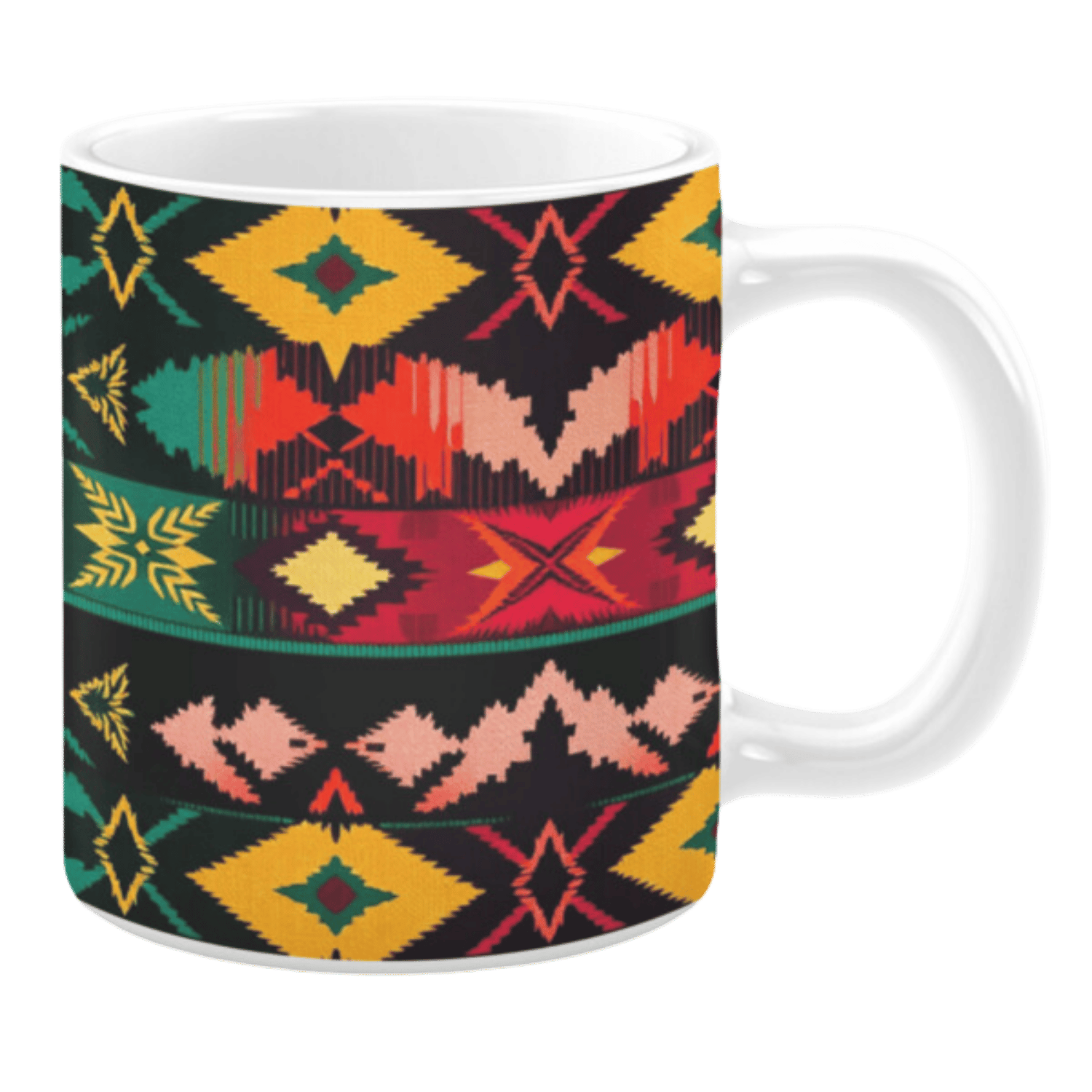 White ceramic 11oz mug featuring a vibrant geometric design with bold diamond, arrow, and zigzag patterns in red, yellow, green, and black, arranged in horizontal stripes.