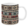 White ceramic 11oz mug featuring a bold geometric design. The pattern consists of black, red, beige, and teal tribal-inspired shapes arranged in horizontal bands.