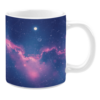 White ceramic 11oz mug with a celestial design featuring a blue and pink nebula, scattered stars, and two illuminated planetary shapes against a dark sky.