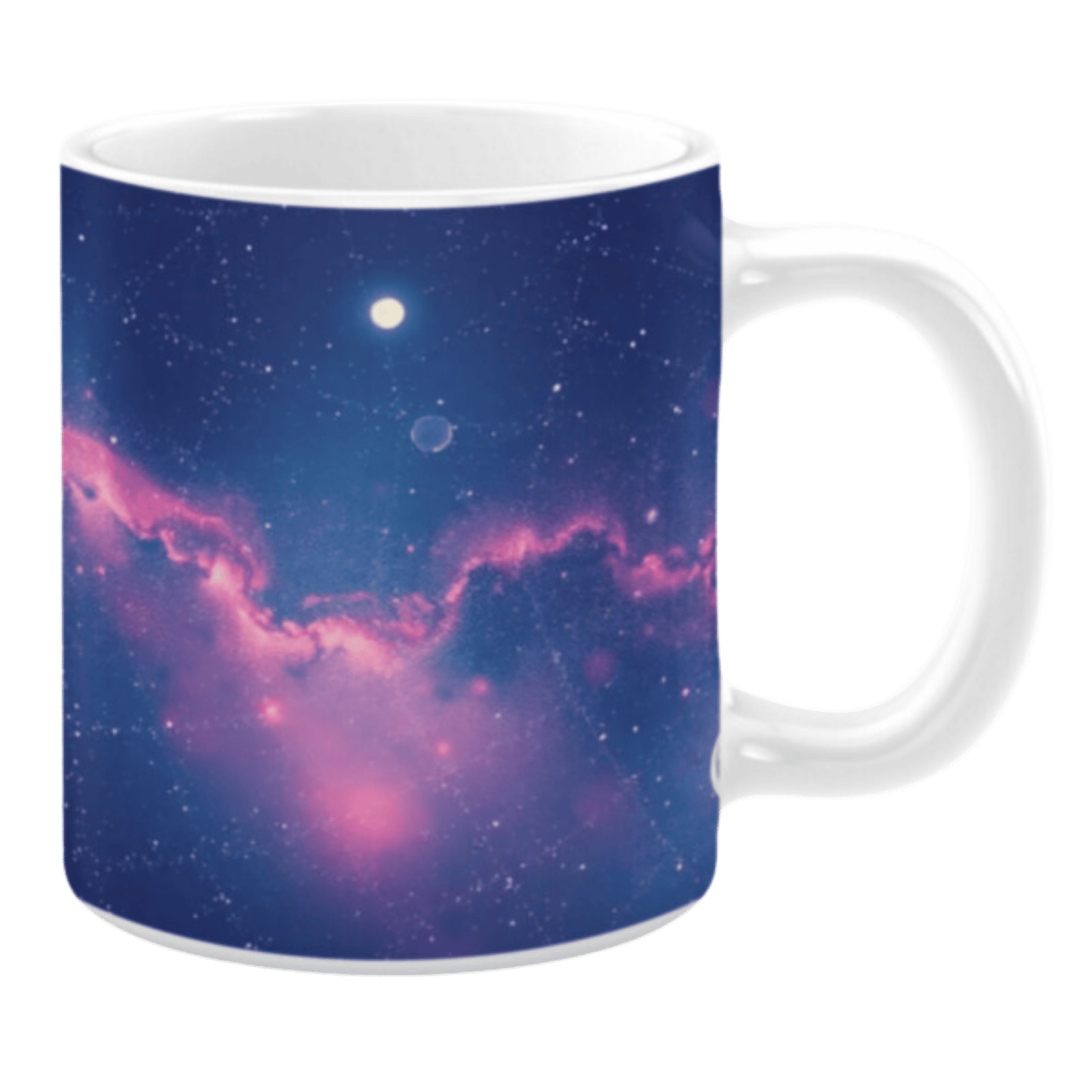 White ceramic 11oz mug with a celestial design featuring a blue and pink nebula, scattered stars, and two illuminated planetary shapes against a dark sky.