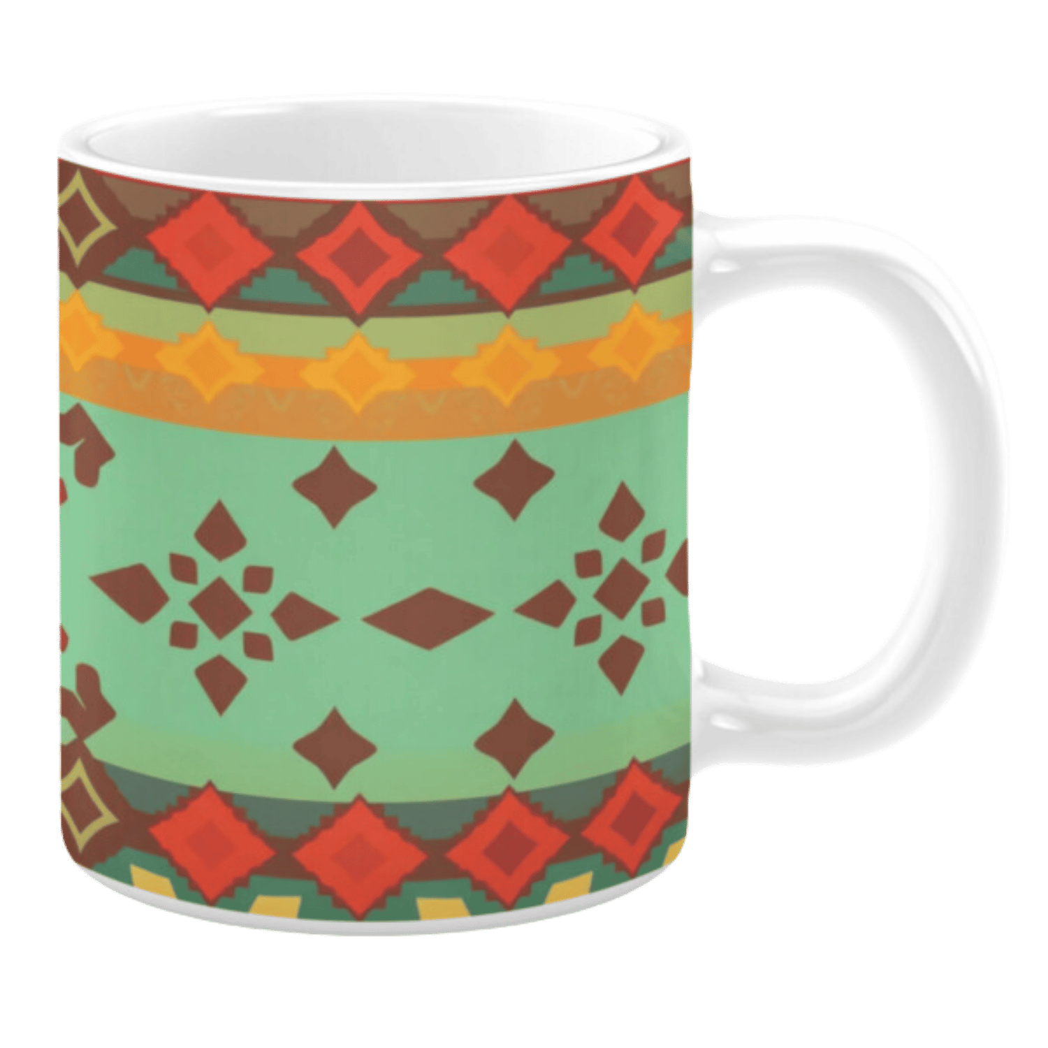 White ceramic mug featuring a vibrant, geometric pattern with rich colors such as red, orange, yellow, and brown against a soft green background, creating a bold and Southwestern-inspired design.
