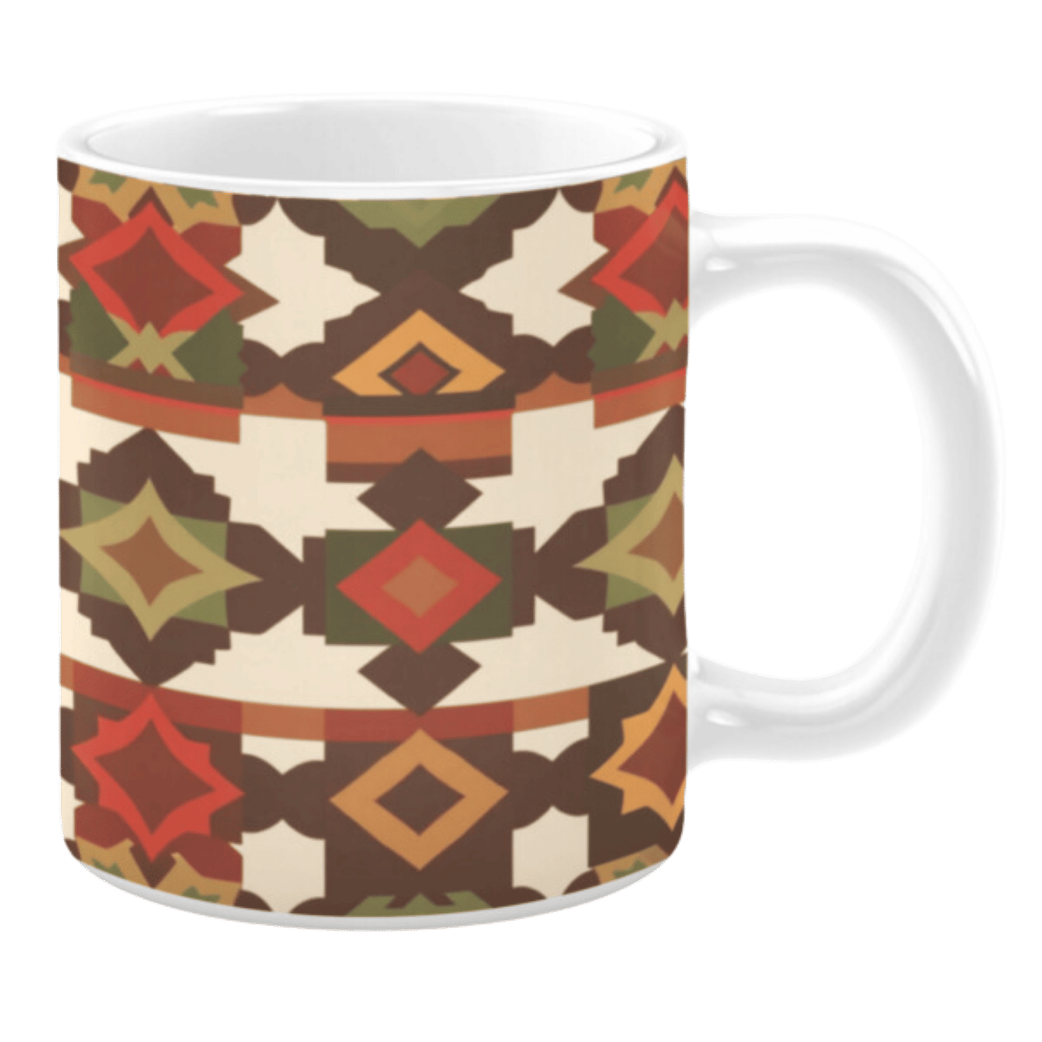 White ceramic mug featuring a warm and earthy geometric pattern with shades of red, orange, brown, and green, set against a light beige background, creating a rustic and Southwestern-inspired design.