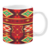 White ceramic mug featuring a bold Southwestern-inspired geometric pattern with vibrant red, yellow, green, and orange hues, creating a striking and dynamic design.