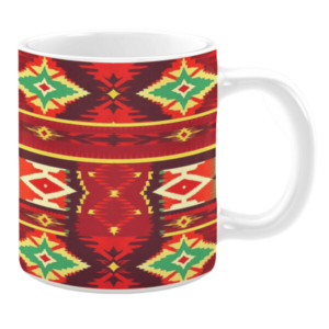 White ceramic mug featuring a bold Southwestern-inspired geometric pattern with vibrant red, yellow, green, and orange hues, creating a striking and dynamic design.