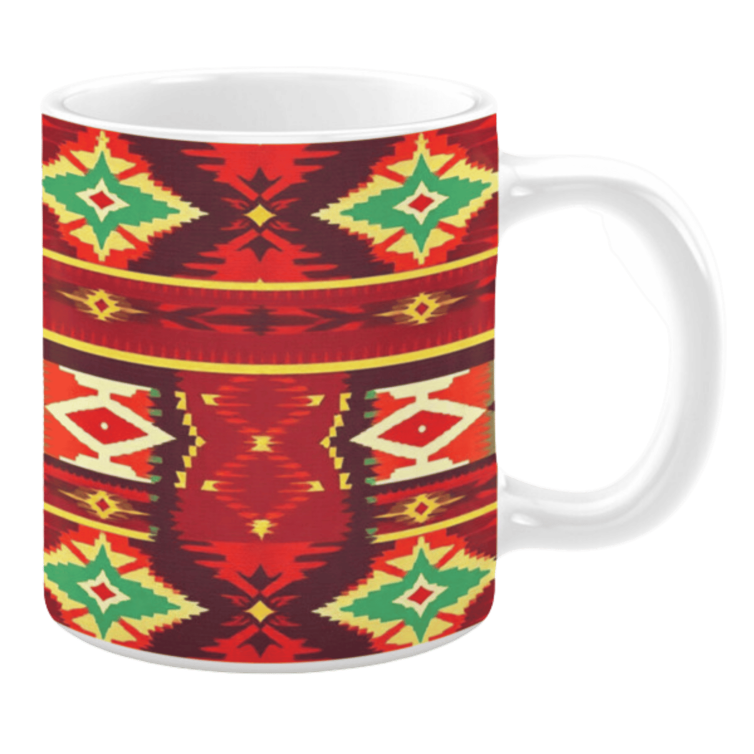 White ceramic mug featuring a bold Southwestern-inspired geometric pattern with vibrant red, yellow, green, and orange hues, creating a striking and dynamic design.