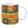 White ceramic mug featuring a colorful and bold Southwestern-inspired pattern with geometric shapes in vibrant red, orange, yellow, green, and dark blue, creating an eye-catching and energetic design.