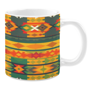White ceramic mug featuring a colorful and bold Southwestern-inspired pattern with geometric shapes in vibrant red, orange, yellow, green, and dark blue, creating an eye-catching and energetic design.