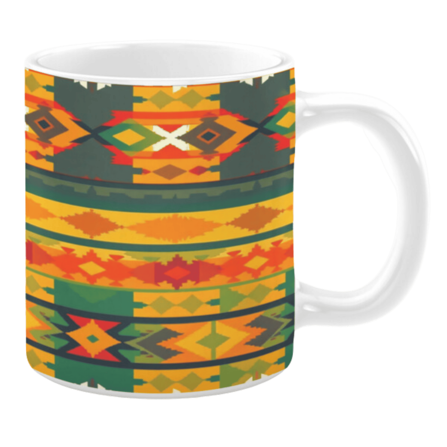 White ceramic mug featuring a colorful and bold Southwestern-inspired pattern with geometric shapes in vibrant red, orange, yellow, green, and dark blue, creating an eye-catching and energetic design.