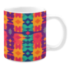 The image showcases a vibrant, multi-colored mug adorned with an eye-catching geometric pattern. It features bold hues of purple, teal, orange, and yellow, forming a dynamic and modern design.