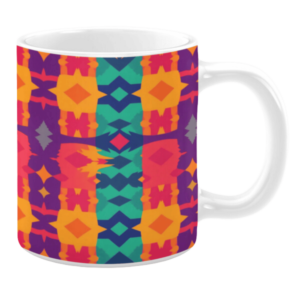 The image showcases a vibrant, multi-colored mug adorned with an eye-catching geometric pattern. It features bold hues of purple, teal, orange, and yellow, forming a dynamic and modern design.