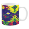 The mug features a bold geometric pattern with bright colors like yellow, purple, green, and red, creating a striking and symmetrical design.