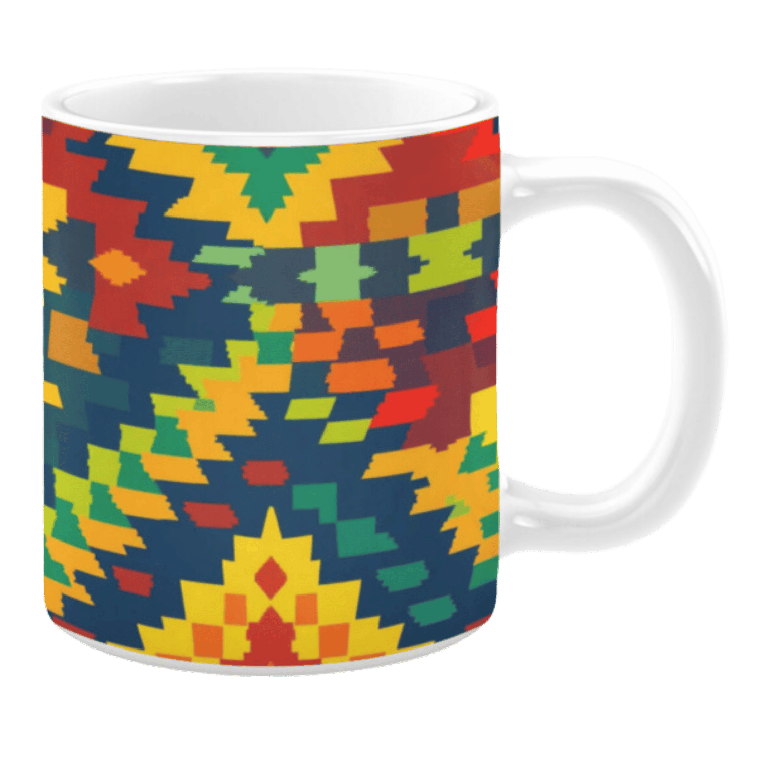 This mug features a vibrant geometric pattern in bold shades of yellow, red, green, and blue, creating an energetic, symmetrical design.