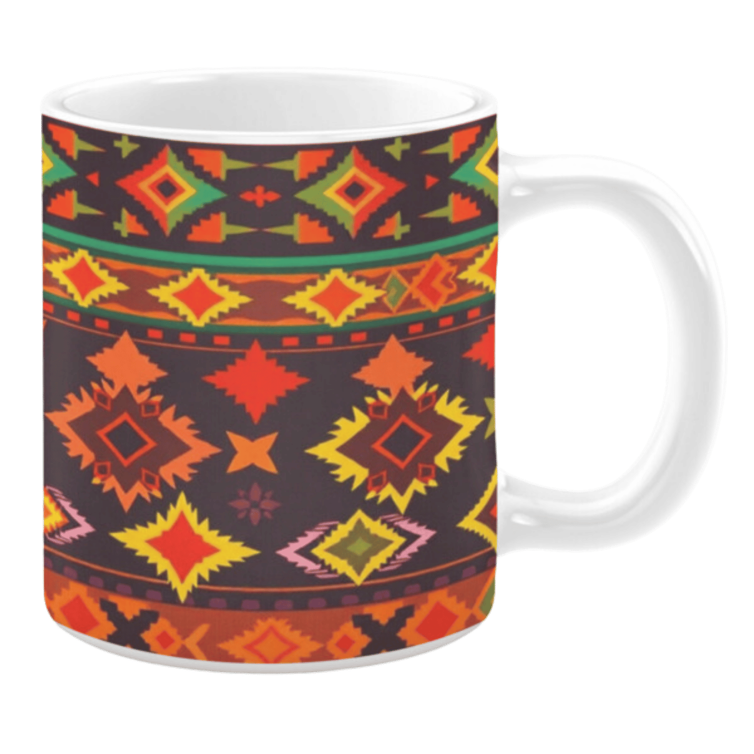 This mug features a bold tribal-inspired pattern with diamond shapes in rich hues of red, yellow, green, and orange, creating a striking, vibrant design.