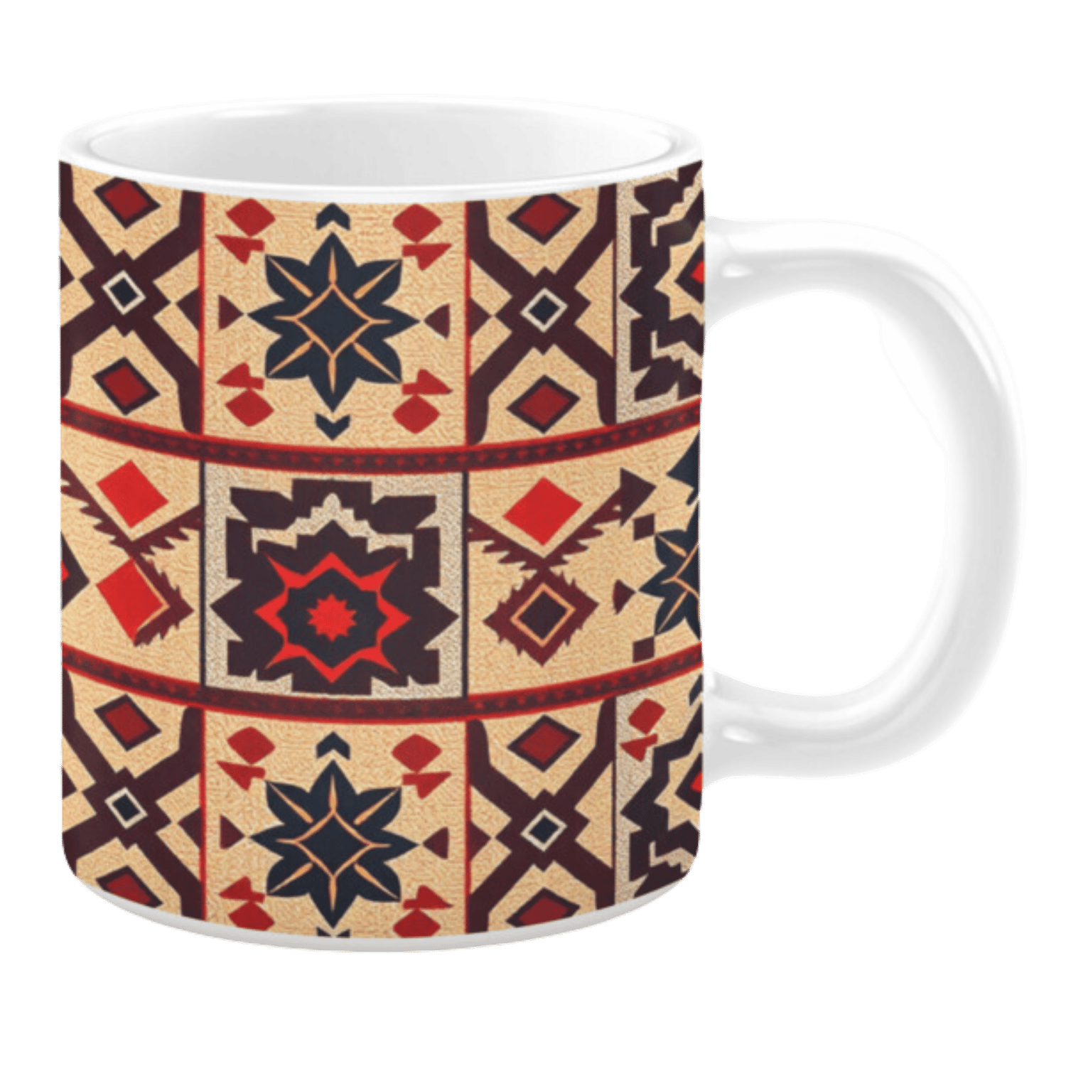 Ceramic mug with intricate geometric motifs in beige, red, navy blue, and maroon tones, featuring star shapes, diamonds, and grid-like patterns.