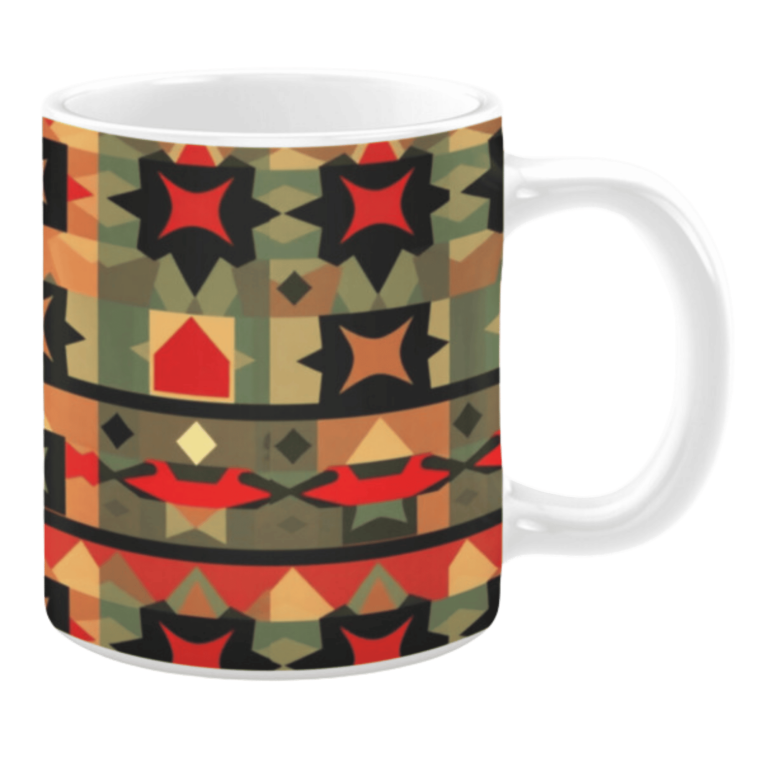 Ceramic mug featuring a geometric pattern with bold star and diamond shapes in red, black, and earthy tones, accented by green and orange hues.