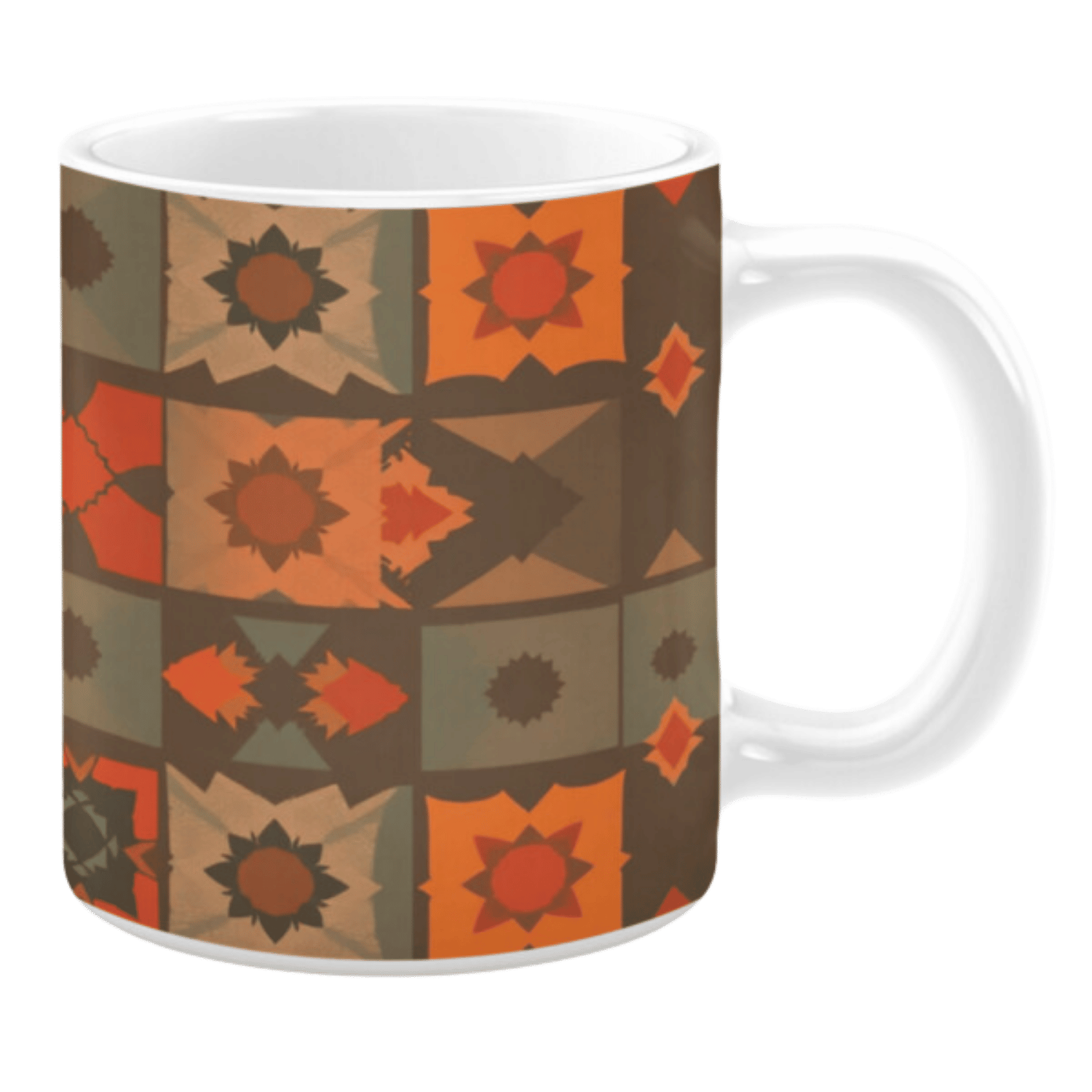 Ceramic mug featuring a patchwork-style design with geometric star and sun motifs in warm shades of orange, brown, and tan.