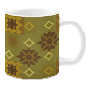 Ceramic mug with a muted olive green background featuring brown and gold starburst patterns alongside yellow diamond accents.