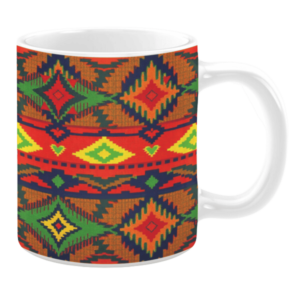 This mug features a dynamic tribal pattern with vibrant red, green, yellow, and orange hues, combined with sharp geometric diamond shapes and contrasting lines for a bold design.