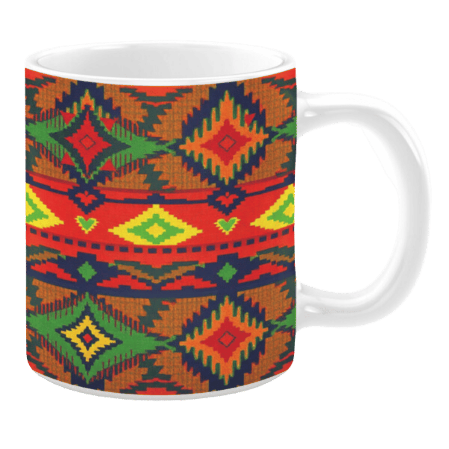 This mug features a dynamic tribal pattern with vibrant red, green, yellow, and orange hues, combined with sharp geometric diamond shapes and contrasting lines for a bold design.
