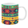 This mug showcases a vibrant, tribal-inspired design with a bold mix of red, green, yellow, and purple. The pattern features geometric shapes and star motifs, creating a lively, colorful visual.