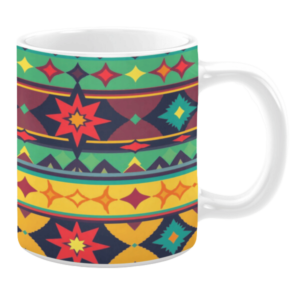 This mug showcases a vibrant, tribal-inspired design with a bold mix of red, green, yellow, and purple. The pattern features geometric shapes and star motifs, creating a lively, colorful visual.