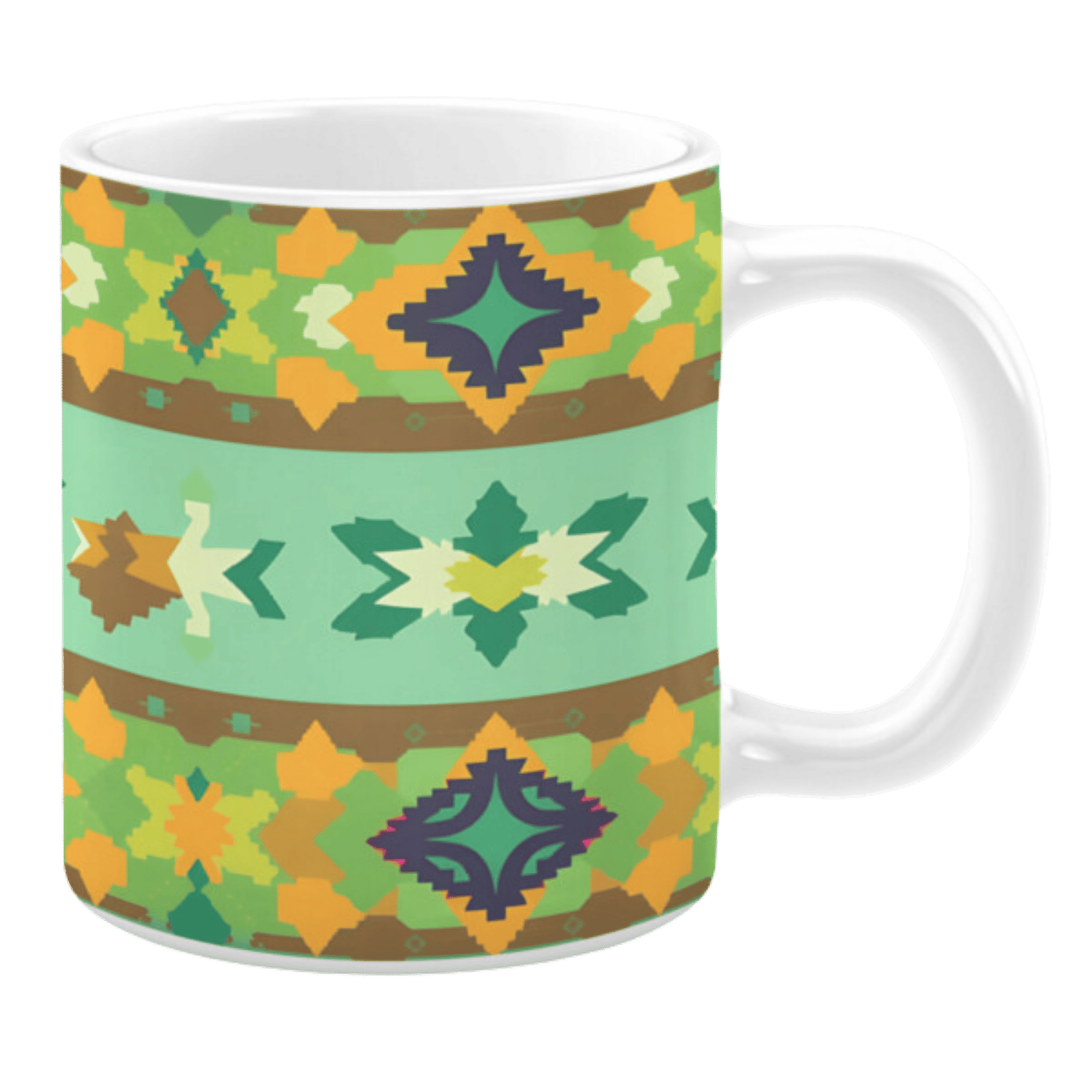 This mug features a geometric pattern with earthy tones like green, yellow, and brown. The design includes diamond and star shapes, giving it a tribal and rustic look.