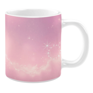 White ceramic 11oz mug with a soft pink gradient design. The surface features sparkling stars, faint nebula-like swirls, and delicate glowing details resembling magical dust.